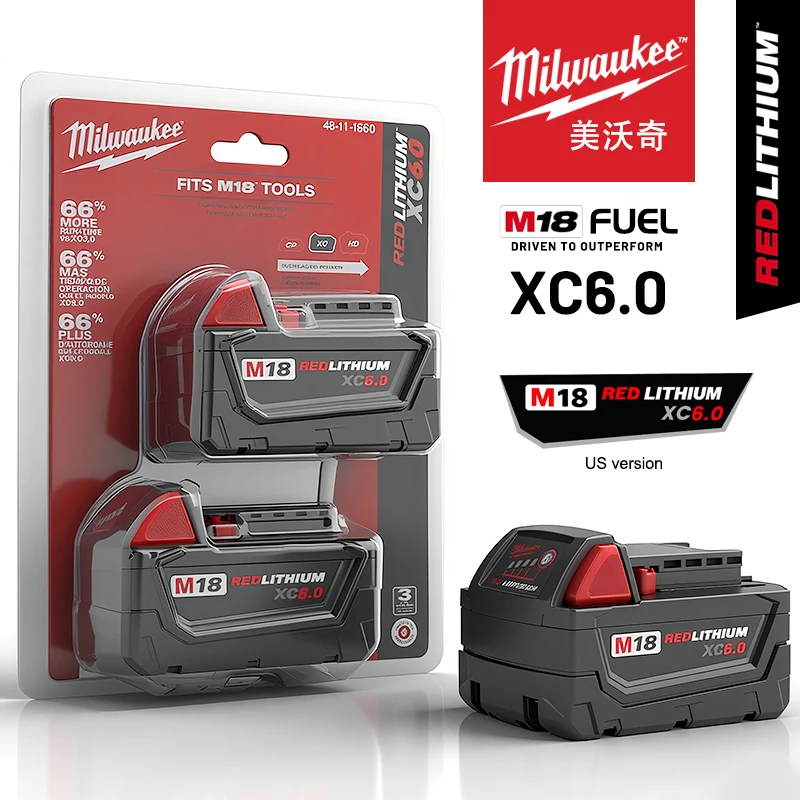 100% Milwaukee M18B6Li-ion Battery, Rechargeable Power Tool Battery for Milwaukee M18 Series 48-11-1850 with Fuel Gau