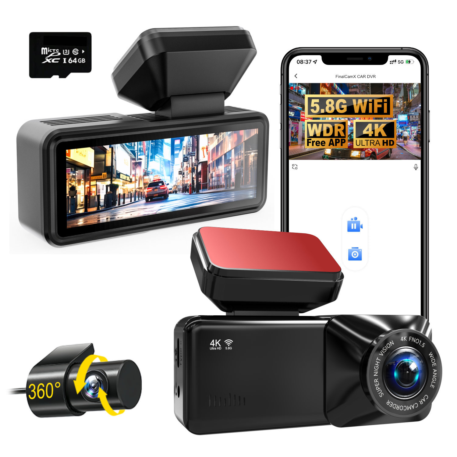 4K UHD デュアルレンズダッシュカム フロントおよびリアレコーダー 2.89インチ画面 内蔵 WiFi GPS パーキングモニター 取り付け簡単