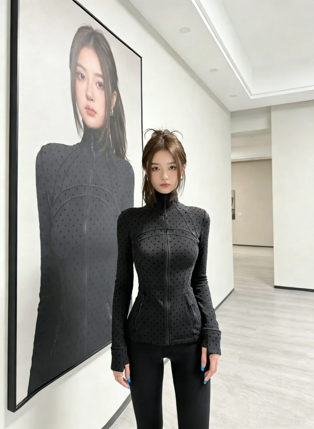 LULU FLORA 植毛水玉ジャケット、エレガントな小さなスタンドカラー長袖アウター、スポーツ ヨガに適した速乾性と通気性