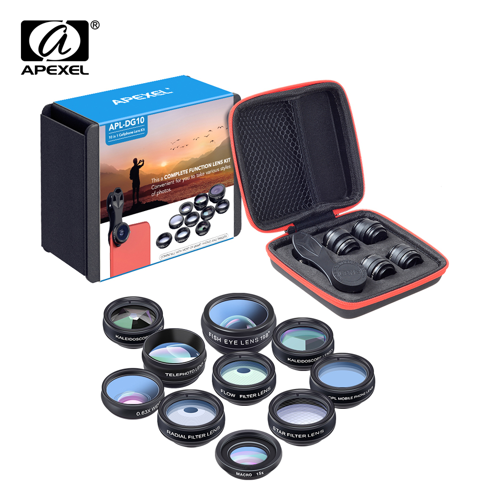 APEXEL 電話レンズキットユニバーサル 10 in 1 魚眼広角マクロレンズ CPL フィルター万華鏡 2X 望遠鏡レンズスマートフォン用