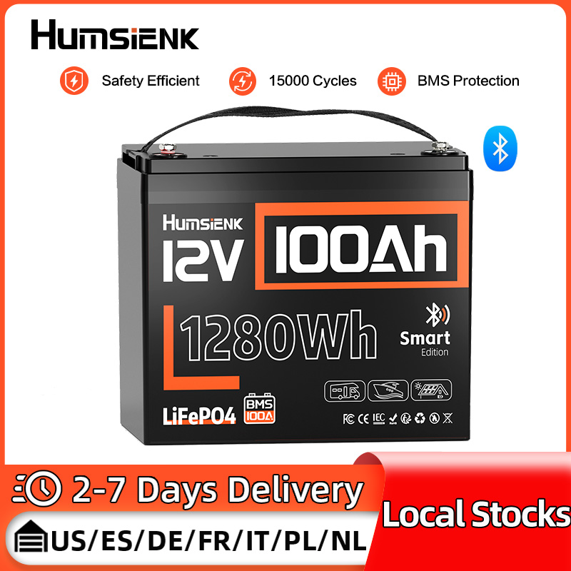 Humsiek Bluetooth 12V LiFePO4 バッテリー 100AH GP24 13000 サイクル リアルタイムチェック自宅保管 トローリングモーター、RV、ボートに最適