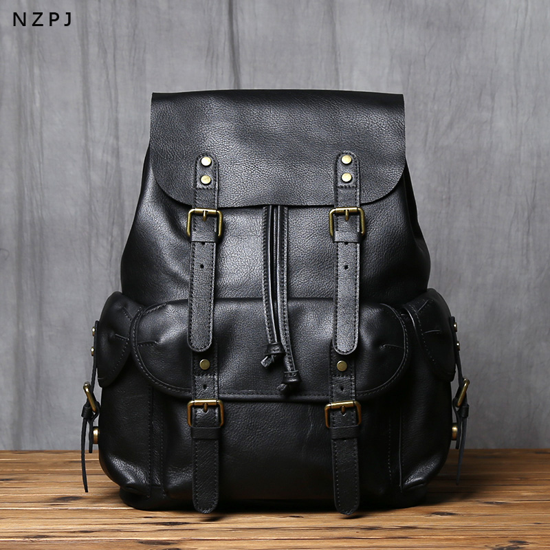 NZPJ 本革メンズバックパックカジュアルメンズバッグ天然牛革ブックバッグラップトップコンピュータバッグ大容量バックパック