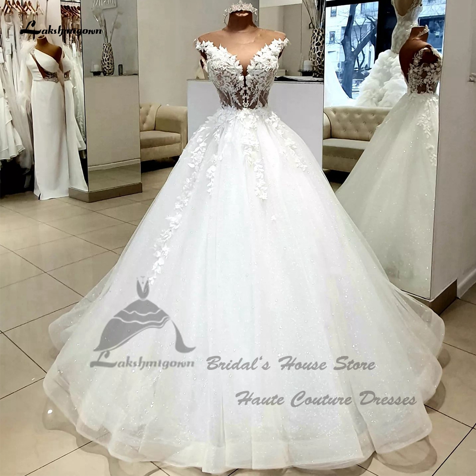 Lakshmigown グリッターチュールのウェディングドレス 2026 Vestidos プリンセス教会ブライダルドレス背中の開いた 3D レースの花カスタマイズ
