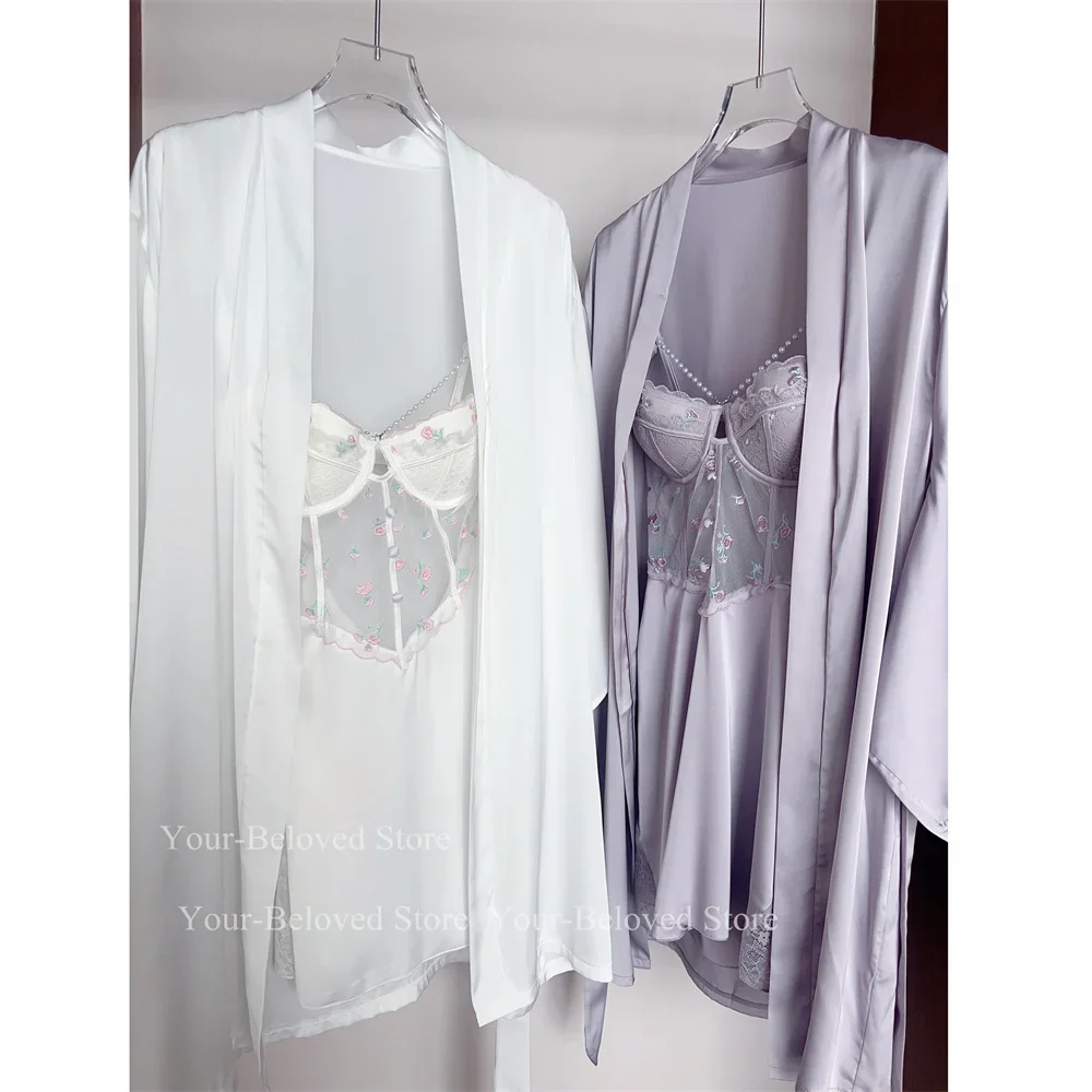 白ネグリジェシルクサテンランジェリー女性ホーム服睡眠寝間着刺繍花シュミーズランジェリー夏のローブスーツ