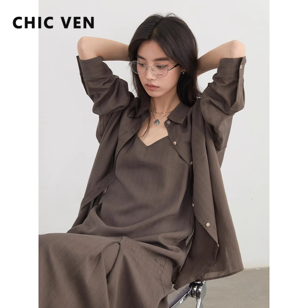 シック VEN ファッション女性ドレスセットルーズカジュアルシャツ長袖ブラウス女性キャミソール V ネックドレス春秋 2025