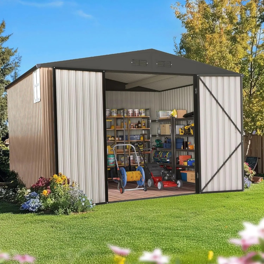 頑丈な10X10フィートの金属製収納小屋、ロック可能なスチールヤード防水ツール小屋、庭、裏庭、パティオ、屋外、カスタム用