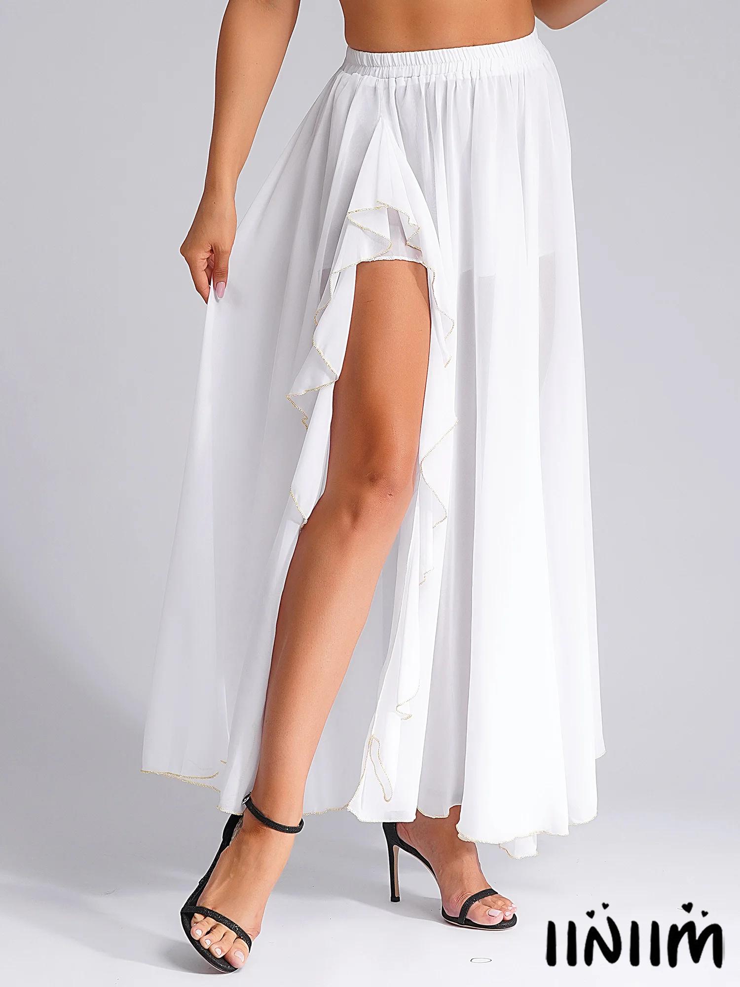 女性 Flowy ベリーダンススカートプリーツシフォンマキシサイドスプリットパンツスカートカスケードフリルサイドスプリットスイングスカートダンス Costum
