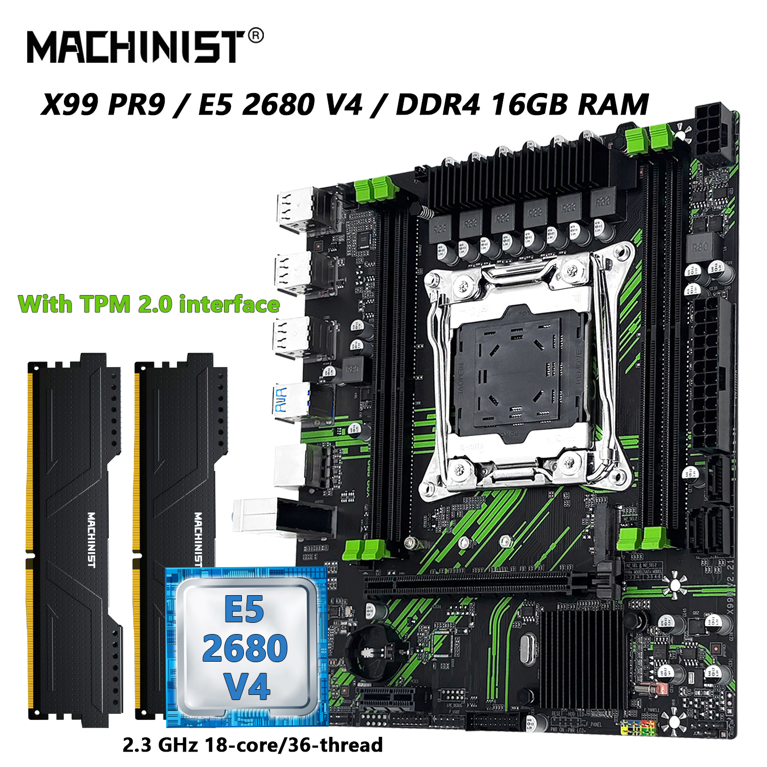 MACHINIST X99 PR9 マザーボード TPM2.0、オプション キット セット LGA 2011-3 Xeon E5 2680 V4 CPU および DDR4 16GB RAM USB3.0 NVME/SATA M.2