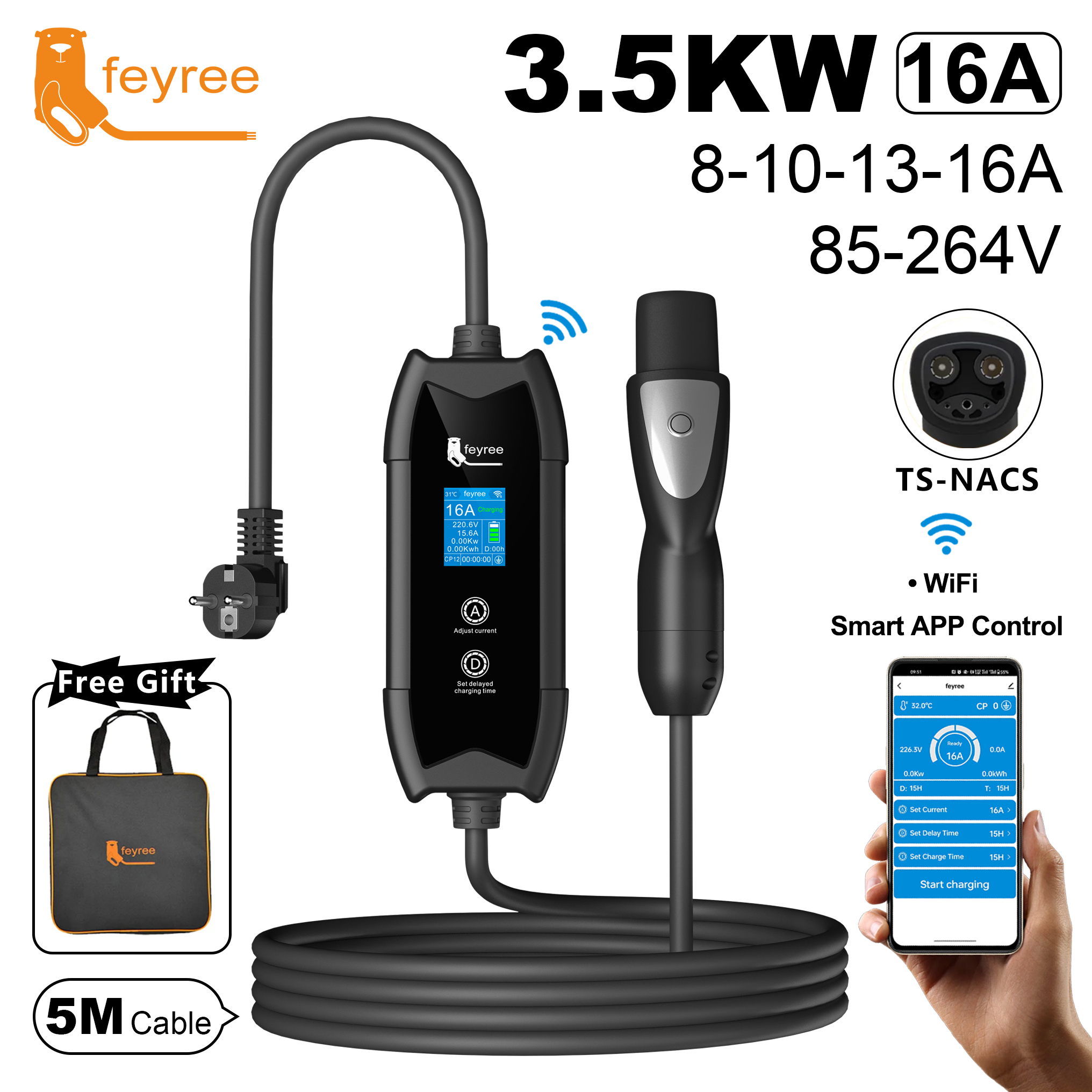 Feyree EV 充電器 TS-NACS ソケット 16A 3.5KW アプリ制御 EVSE ポータブル充電 テスラ車モデル 3/Y/S/X セット充電用