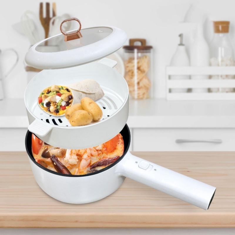2L 多機能電気鍋 600 ワットテフロン加工ポータブル炊飯器ステーキ卵ラーメンオートミール用スチームラック付き