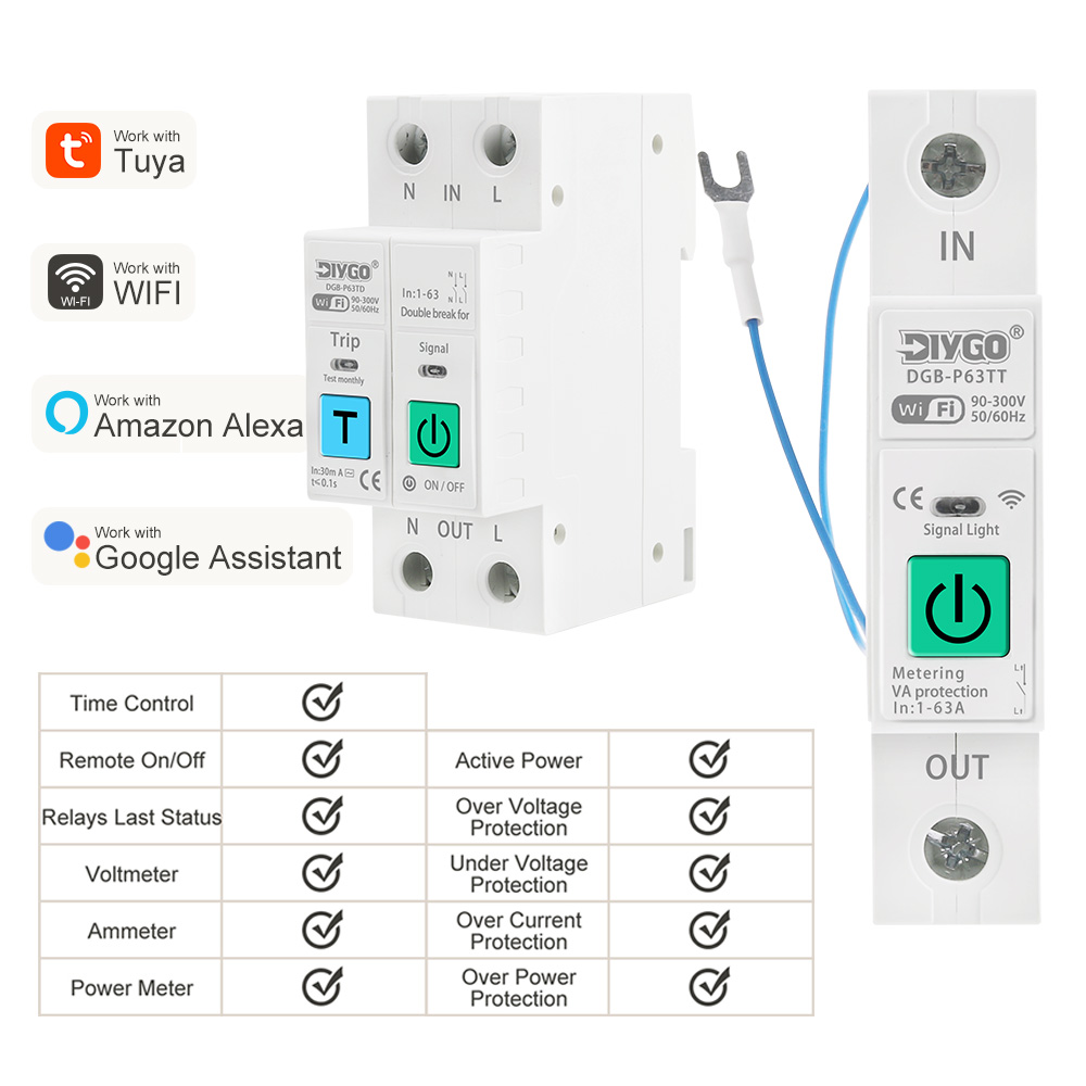 1P 2P サーキットブレーカー 調節可能な WIFI リモコン メータリング 電圧 電流 過負荷保護 リレータイマー Smartlife TUYA アプリ