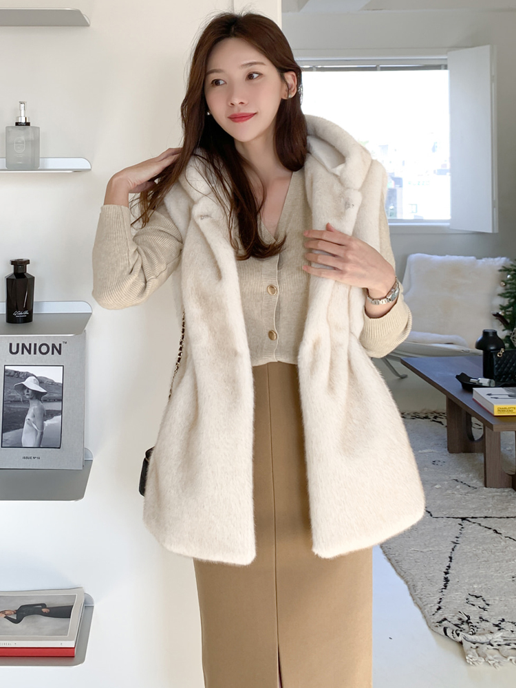 高級冬暖かいフェイクファーコート女性ノースリーブフード付き新着ジッパーアップ