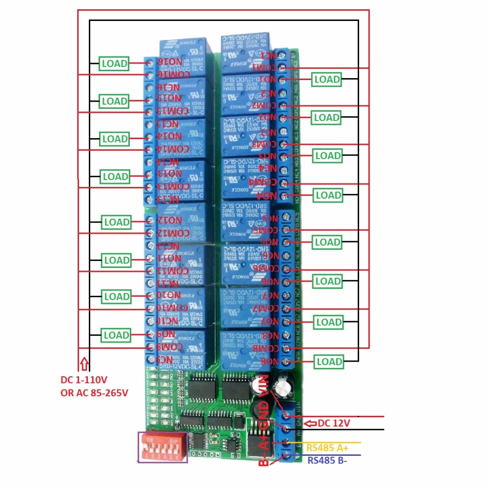 1 個 16ch DC 12V RS-485 Modbus RTU リレーボード RS485 バスリモートコントロールスイッチ LED モーター PLC PTZ カメラスマートホーム用