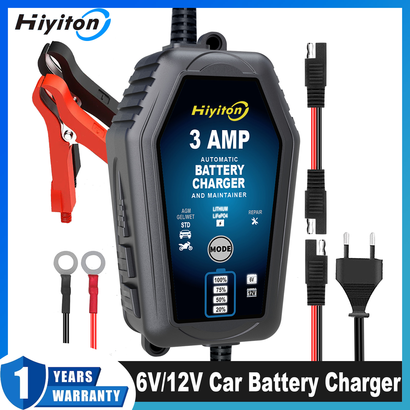 Hiyiton 6V 12V 3000mA 車オートバイスマートバッテリー充電器リチウム LiFePO4 鉛酸バッテリー Pluse 修理充電メンテナ