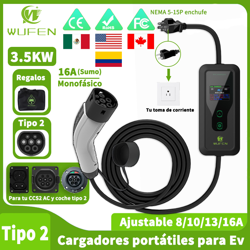 WUFEN ポータブルタイプ 2 充電器 110V 米国 NEMA 5-15P プラグ最大 3.5kw Type2 EV 充電器 16A 1 相充電プラグ IEC 62196 車両用