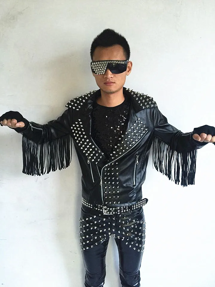 男バンドロックドラム男性と女性歌手 DJ 大人ショーリベットジャケットパンク Pu レザータッセルコートトップス男の子男性ショー衣装