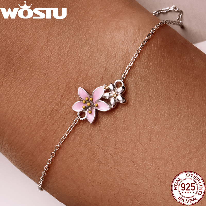 WOSTU 925 スターリングシルバーオリジナルピンクさくらブレスレット調節可能なミニブレスレットチェーンリンクフィットミニペンダントファッションジュエリー