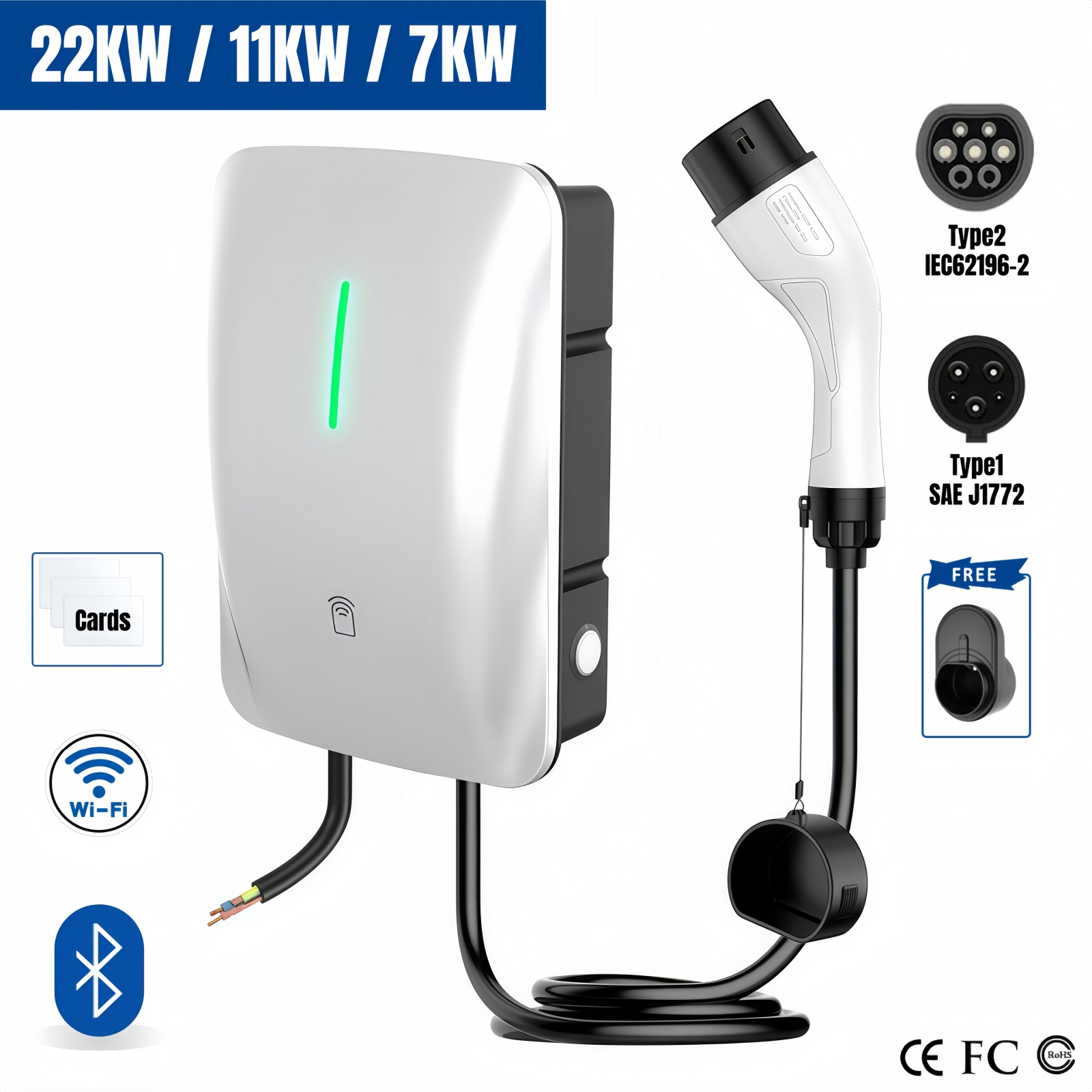電気自動車の充電器 22KW 11KW 7KW ウォールボックス 3 相 EV 充電器 Type2 IEC62196-2 Type1 J1772 ソケット 5 メートルケーブルとカードアプリ