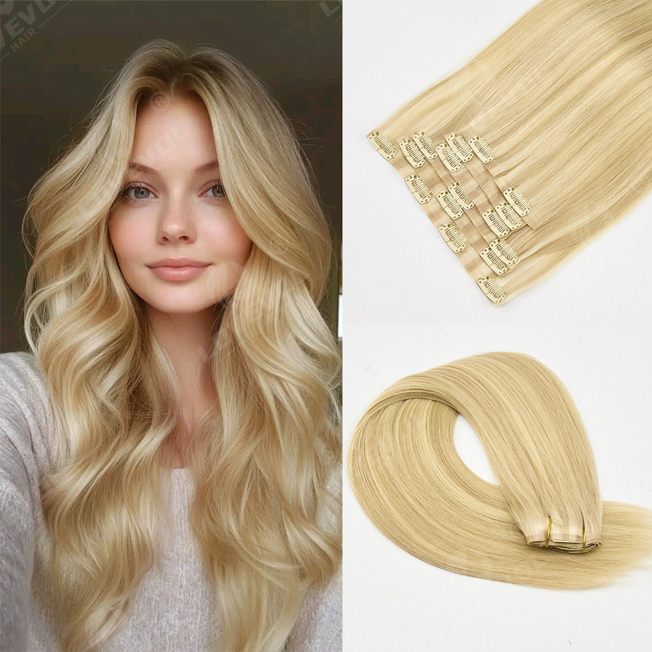 ヨーロッパレミー人毛クリップイン 7 個 14-22 インチ 110 グラムハード PU スキン横糸目に見えない編組ヘアエクステンション ブラック ブラウン ゴールド