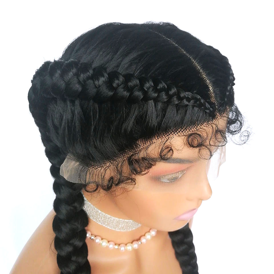 2 Cornrow ボックス三つ編みウィッグ 360 レース編み込みかつらベビーヘア合成アメリカアフリカ女性 20 インチ三つ編みかつら