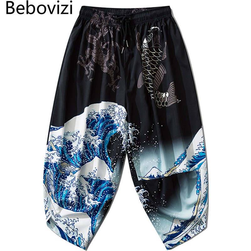 Bebovizi 日本の着物パンツヴィンテージブルームパンツ原宿波プリントカジュアルズボン女性男性伝統的なアジアの服