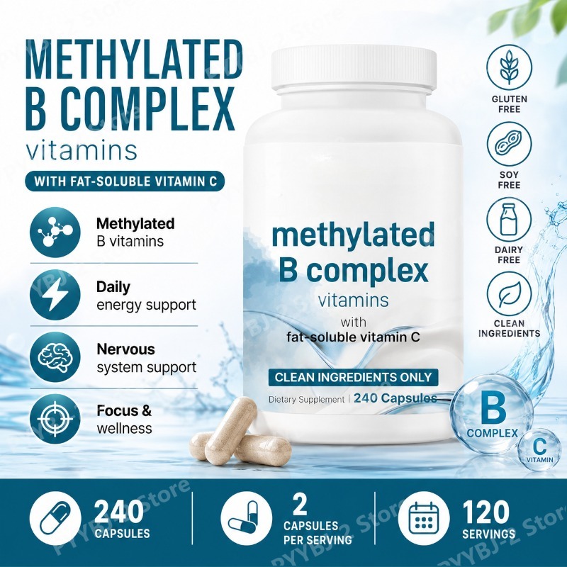 Methylated B Complex Capsule 240 Count Support Energy Generation & Neurological Health — Methylfolate B12,Thiamine and Vitamin C