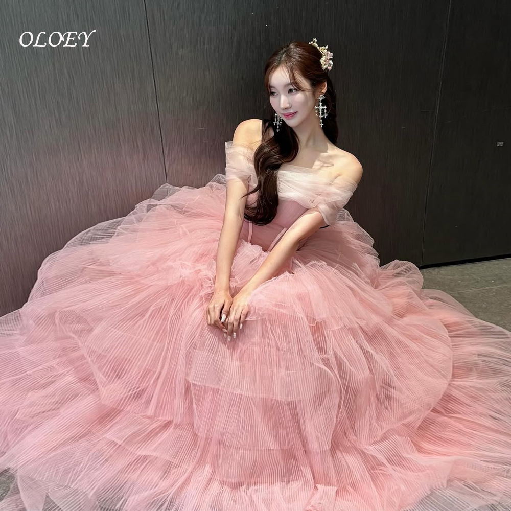 OLOEY モダン ピンク イブニング ドレス オフショルダー フロアレングス 多層チュール 韓国 写真撮影 プロムドレス カスタマイズ 이브닝 드
