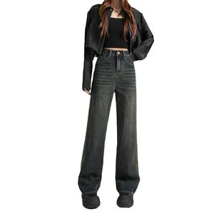 ハイエンドな秋冬新作レトロルーズストレートレッグジーンズ（レディース）、ハイウエスト、薄手フリース、おばあちゃんパンツ、ストリートスタイル。