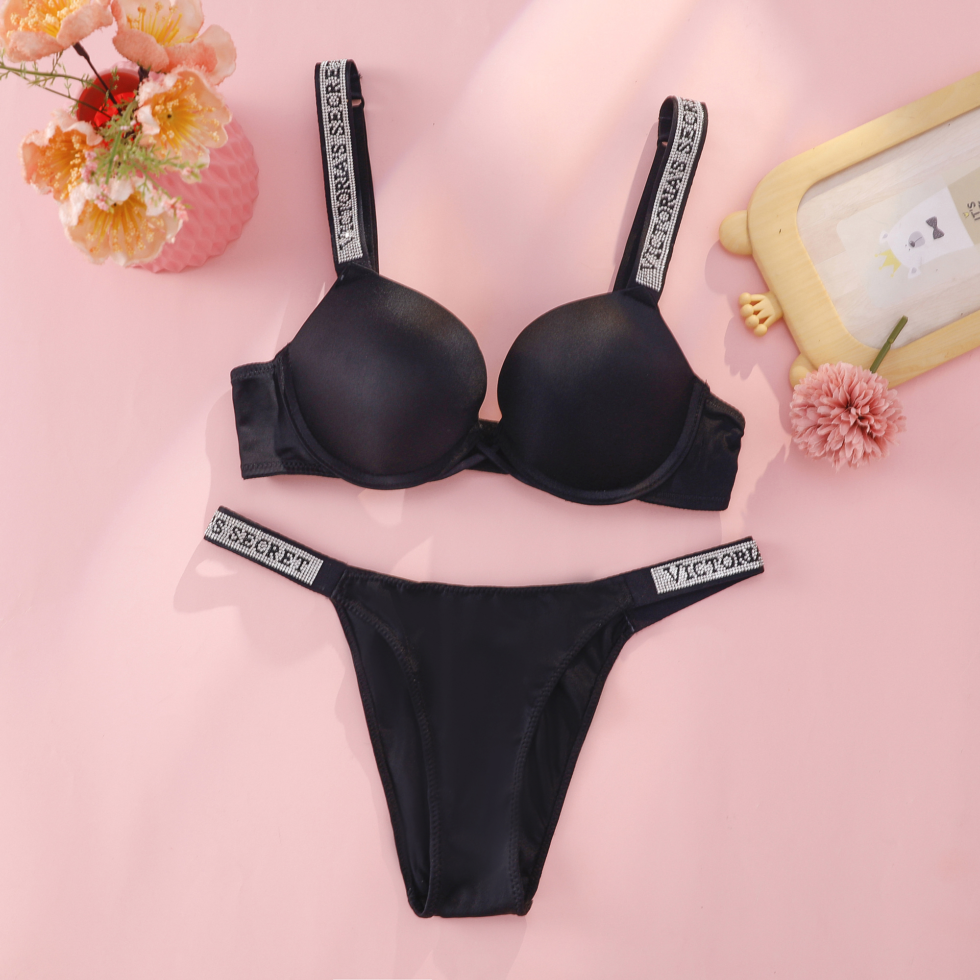 VS Sexy Lingerie Set Push Up Bra And Panties Set For Women Victoria s Secret Rhinestone Logo Shoulder Straps Lace Underwear