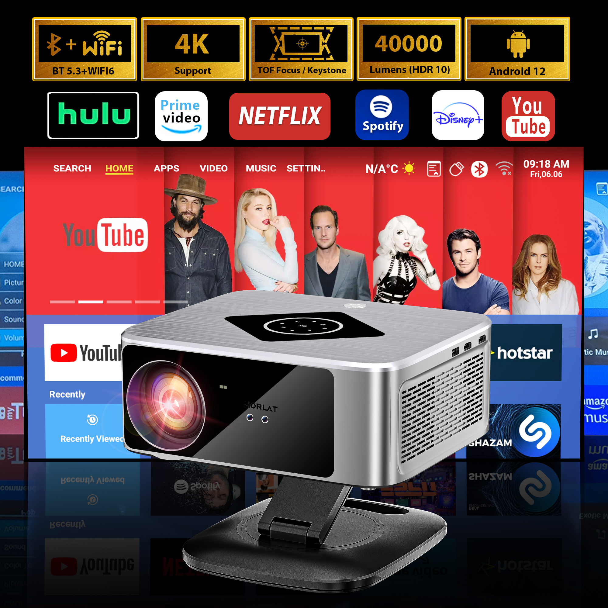 HORLAT プロジェクター 40000 ルーメン Android TV フル HD 1080P プロジェクター 4K サポート WiFi 6 ホーム 3D シアタービーマー屋外プロジェクター HDR10