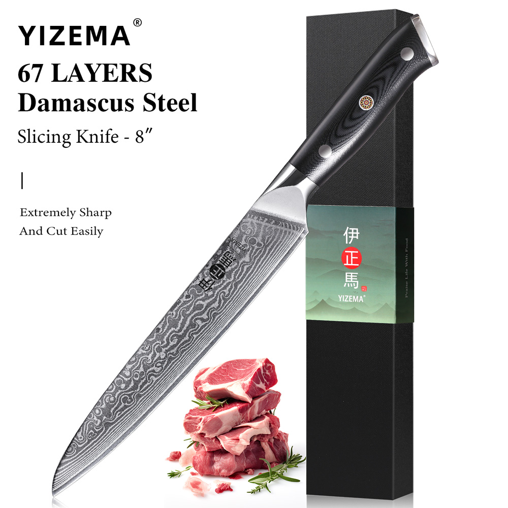 YIZMA 8 インチプロの彫刻ナイフ日本のダマスカス鋼スライスナイフシャープな肉切り身サーモンキッチンシェフナイフ