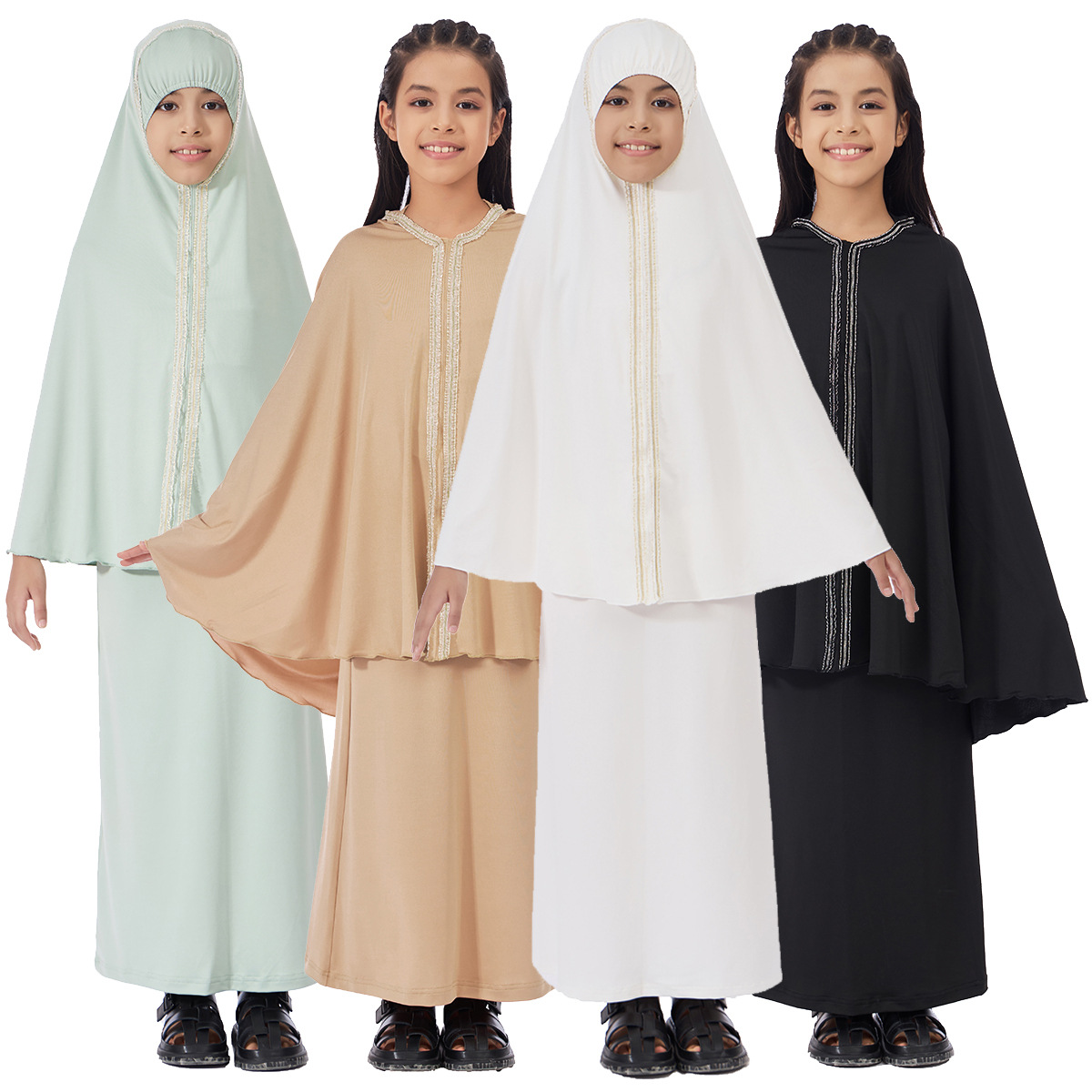 2pcs Hooded Muslim Children Hijab Dress Prayer Garment Modest Kids Girls Khimar Skirt Abaya Sets Full Cover Eid Ramadan Clothes