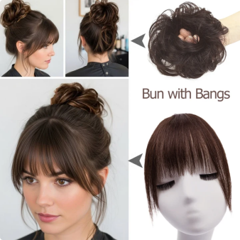 乱雑なお団子ヘアピース波状カーリー人毛ポニーテールヘアエクステンションとクリップインヘアエクステンションエア前髪フリンジ女性用