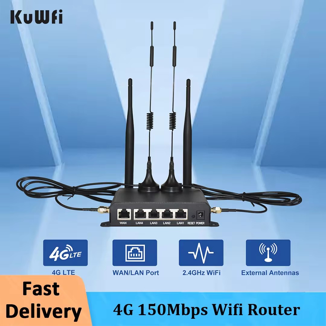 KuWFi 4G LTE WiFi ルーター 2.4G CAT4 300Mbps RJ45 ポートサポート VPN DDNS ファイアウォール機能 壁取り付け外部アンテナ 4 本