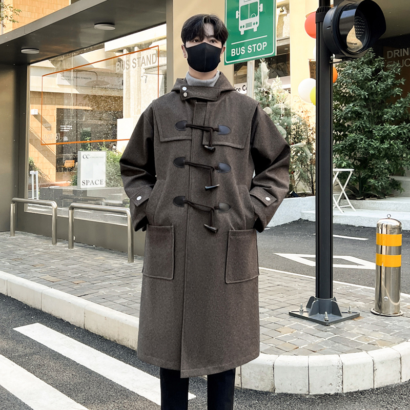 韓国スタイルのウールのトレンチ男性ホーンボタンカジュアルロングウインドブレーカー冬のフード付きジャケットコートファッショントレンチコート