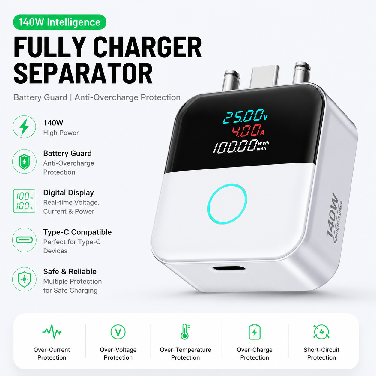 140W インテリジェンス フルチャージャー セパレーター バッテリー ガード 過充電防止保護 Type-C デバイス用デジタル ディスプレイ 充電