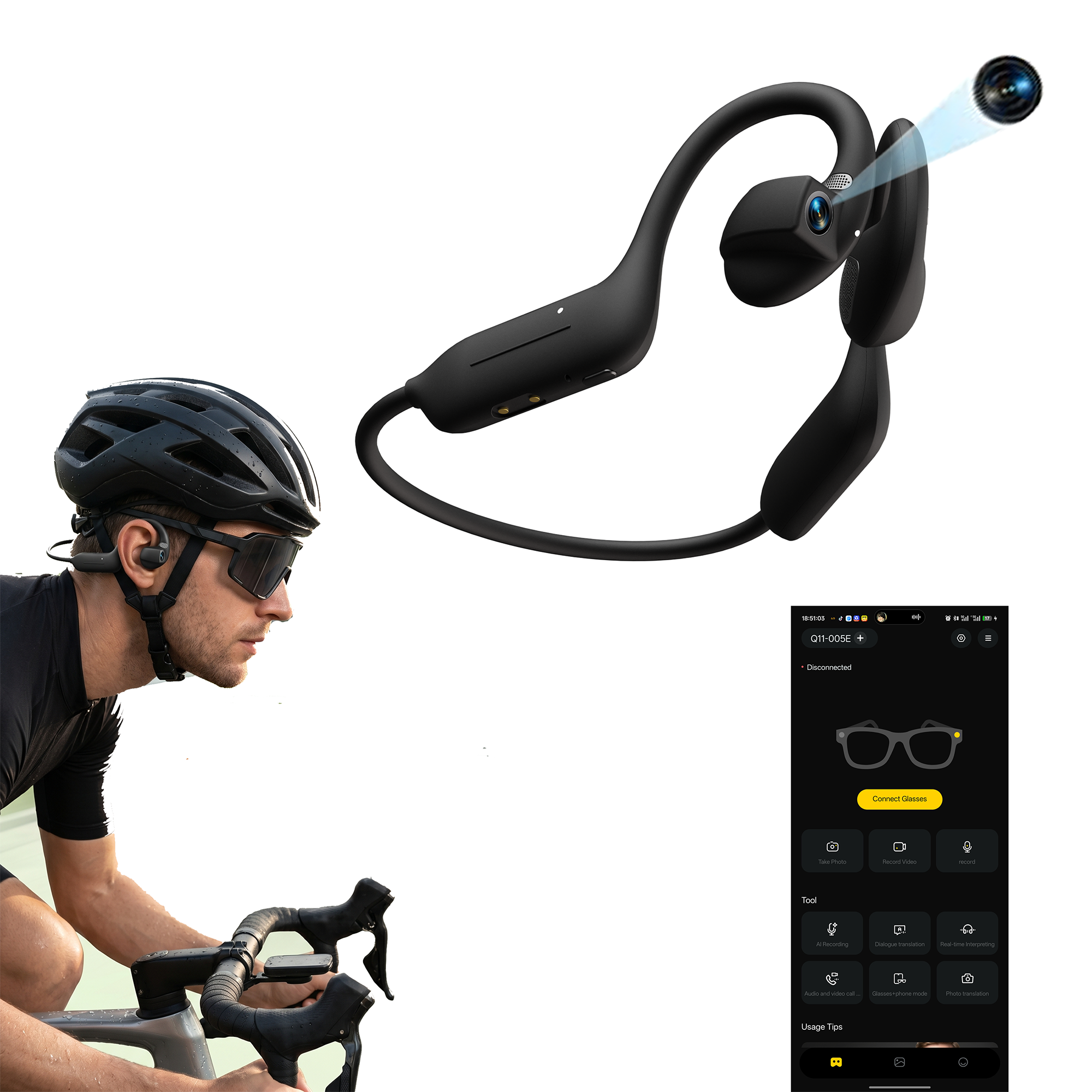 AI カメラヘッドフォン 8MP HD 録音スマート AI 翻訳耳掛け気伝導イヤホン Bluetooth 屋外サイクリング記録