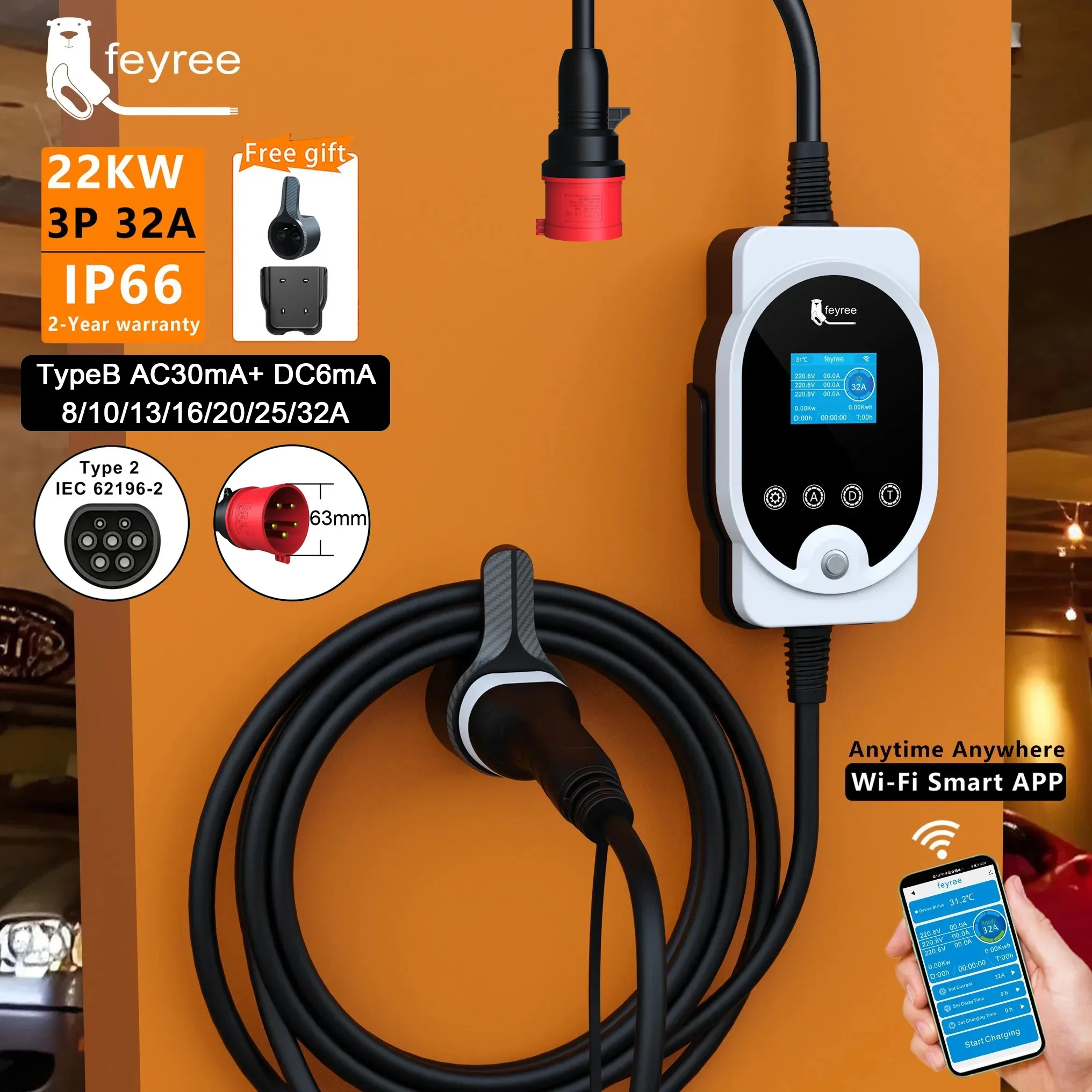 Feyree 22KW Type2 ケーブル EVSE ウォールボックス