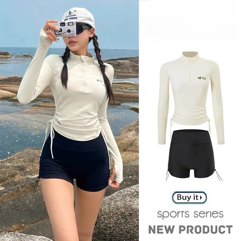 水着スポーツスタイル長袖日焼け止めファッションツーピースセット女性保守的な痩身効果巾着フラットコーナー