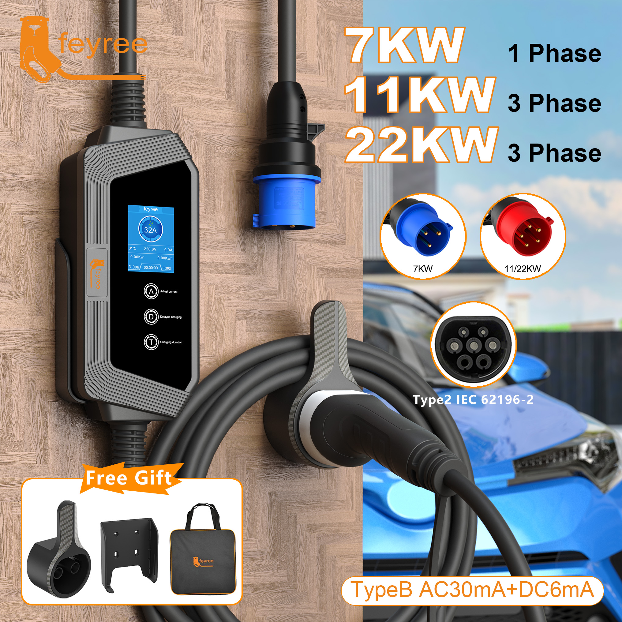 Feyree ポータブル EV 充電器 Type2 22KW 11KW 3P 急速充電 7KW 32A 1P 電気自動車用調整電流設定充電時間