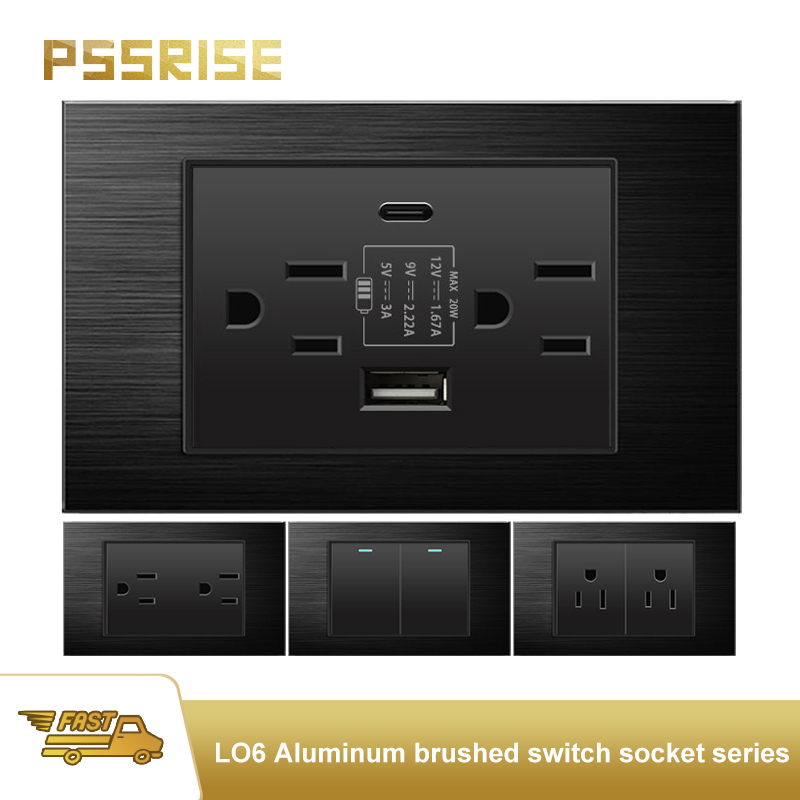 PSSRISE ブラック アルミニウム合金パネル アメリカン タイ。電源ソケットライトスイッチ TypeC 20W 急速充電器、メキシコ電気電源ソケット