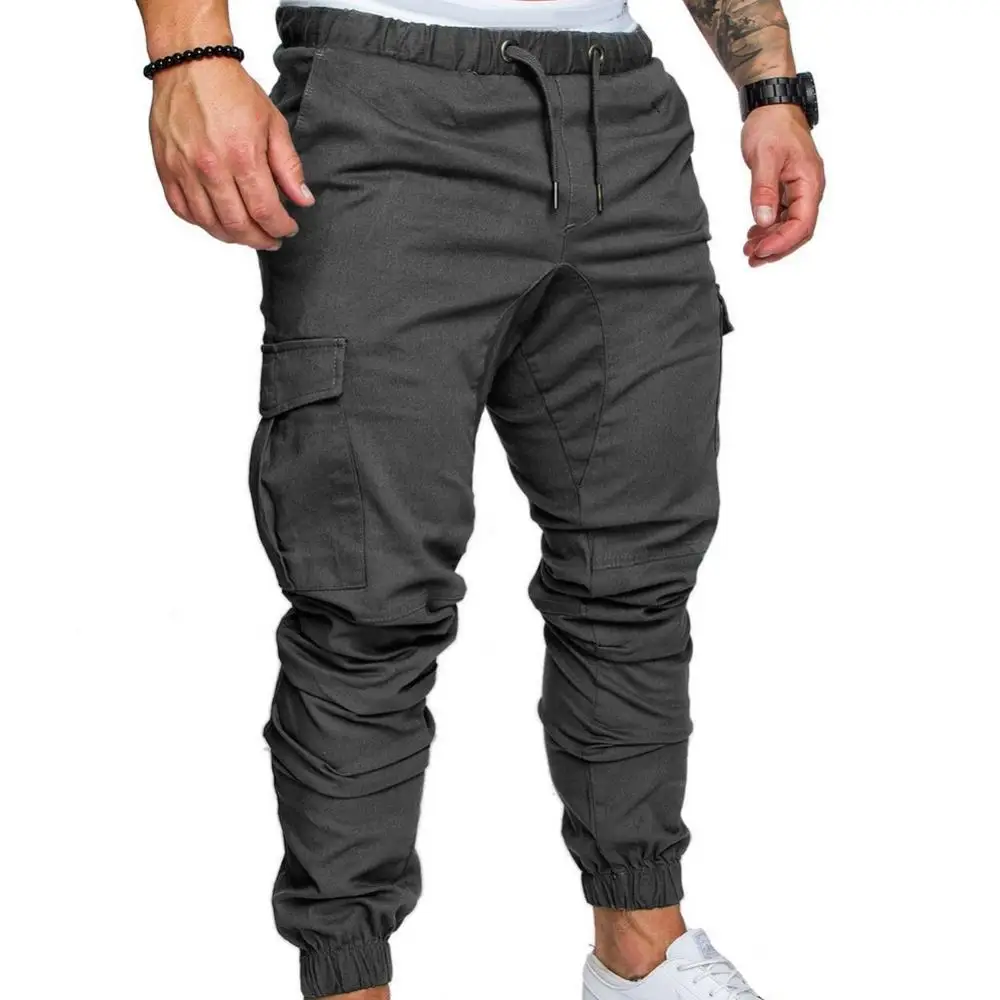 Men Skinny Cargo Pants Solid Color Pockets Drawstring Ankle Tied Sports Running Pants Gym Fittness Training Pants Men's Clothing