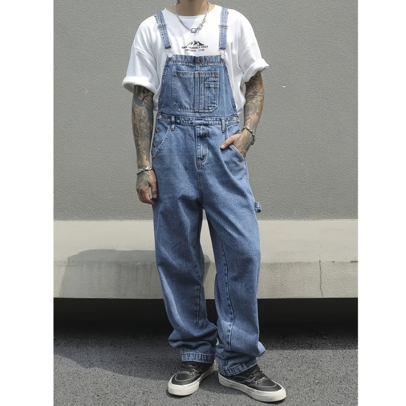 Summer Tops Street Wind Jeans Men Overalls Adult Denim Work Pants Jumpsuit Male Multiple Pockets Loose Man Denim Overall Men's