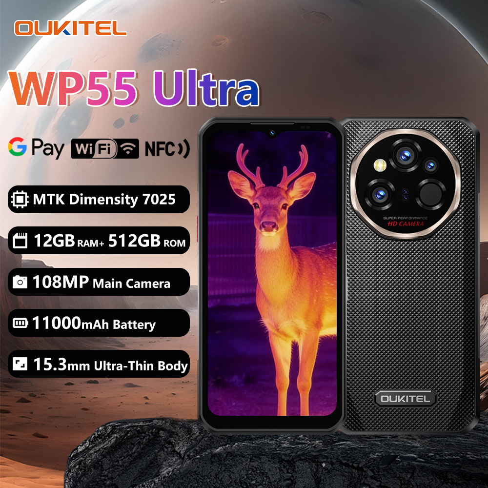 OUKITEL WP55 超頑丈な携帯電話 - サーマルイメージング 5G MTK 7025、11000mAh、12 512GB、108MP 6.6 インチ NFC Android15 モバイル