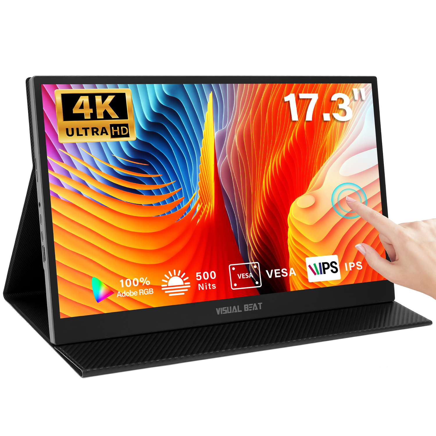17.3 インチ 4K ポータブル タッチスクリーン モニター、500Nits 100% Adob​​eRGB IPS HDR トラベル ディスプレイ、USB、Type-C