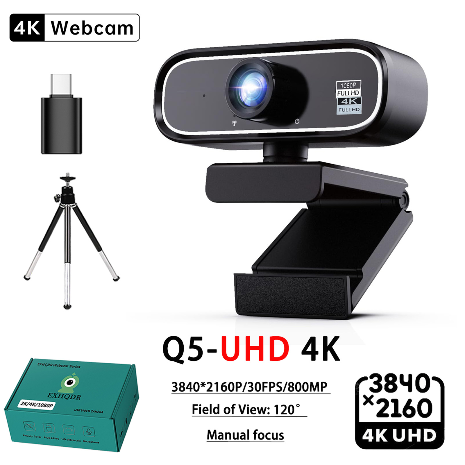 EXHQDR UHD 4K USB ウェブカメラ、120° 広角レンズとマニュアル フォーカスを備えた新しいアップグレード モデル。このプラグアンドプレイのコンピュータ周辺機器