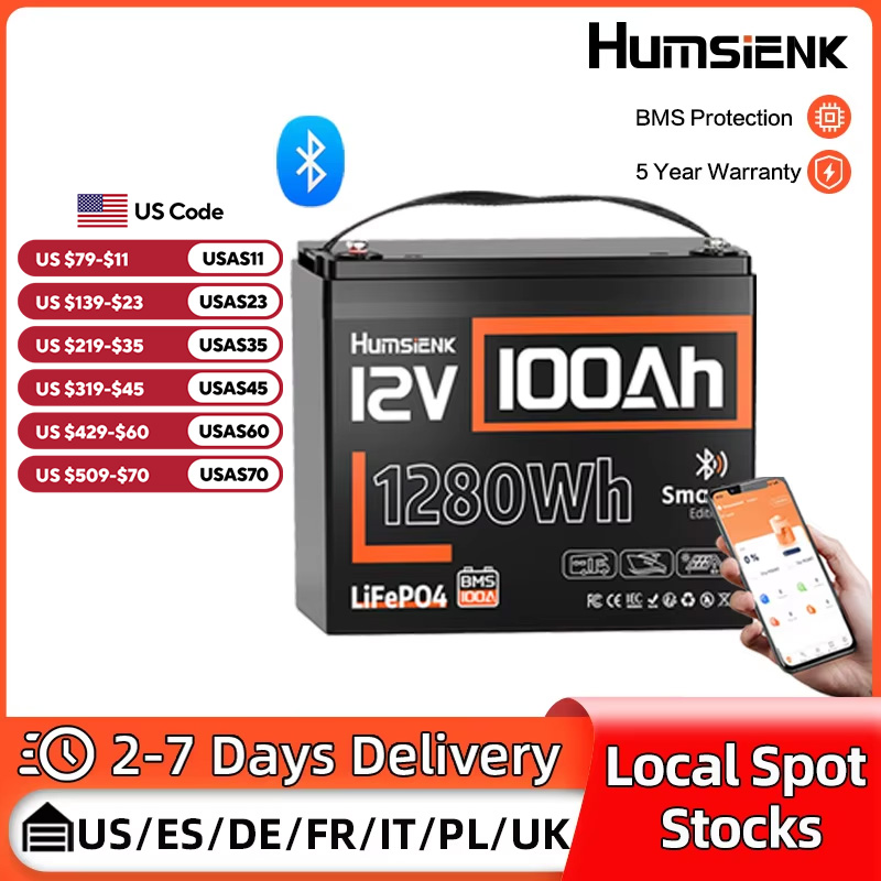 Humsienk 12V 100AH LiFePO4 リチウム電池 1280Wh Bluetooth/2 年保証/UL1973/GP24 インバーター、RV、キャンプ、ゴルフカート、ボート用