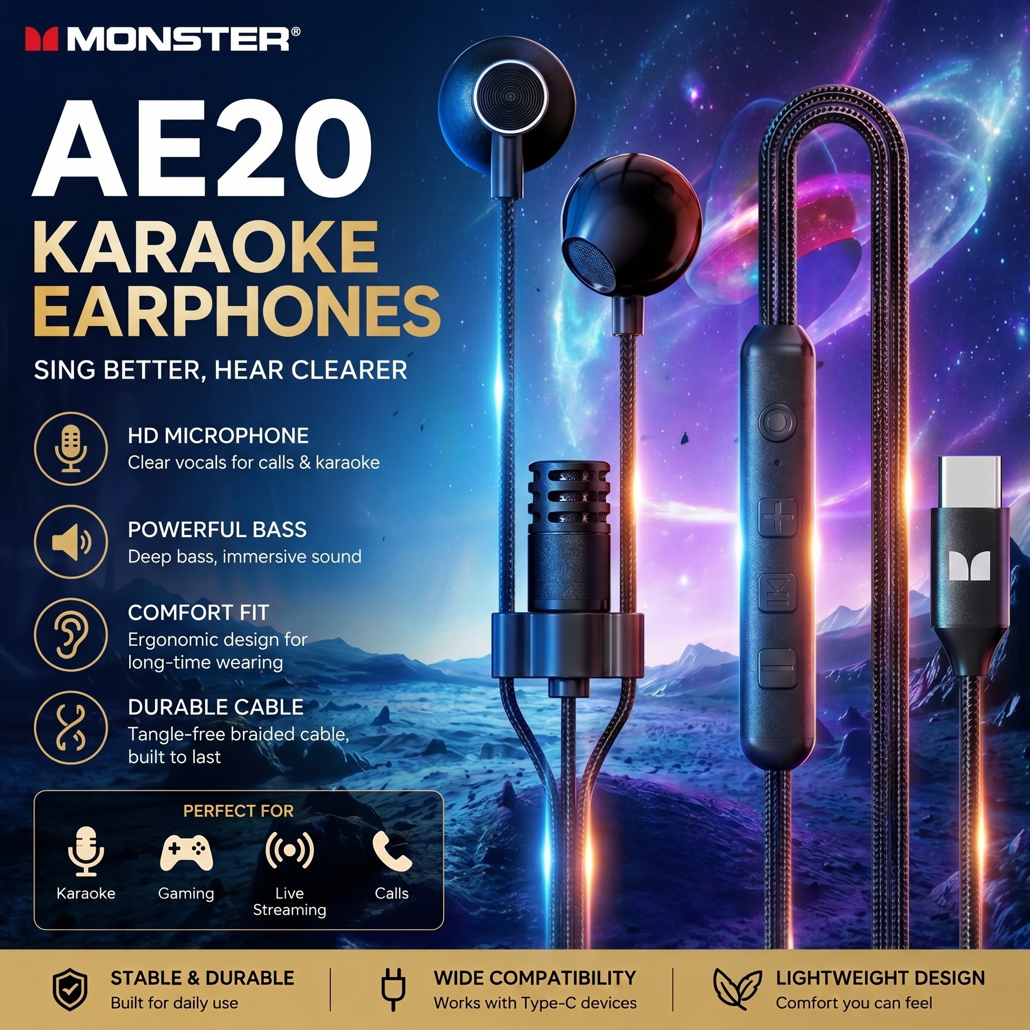 Monster AirStar AE20 ライブストリーミングイヤホン 1.5m 有線ヘッドセット リアルタイム耳モニタリング付き 歌うライブストリーミングゲーム用