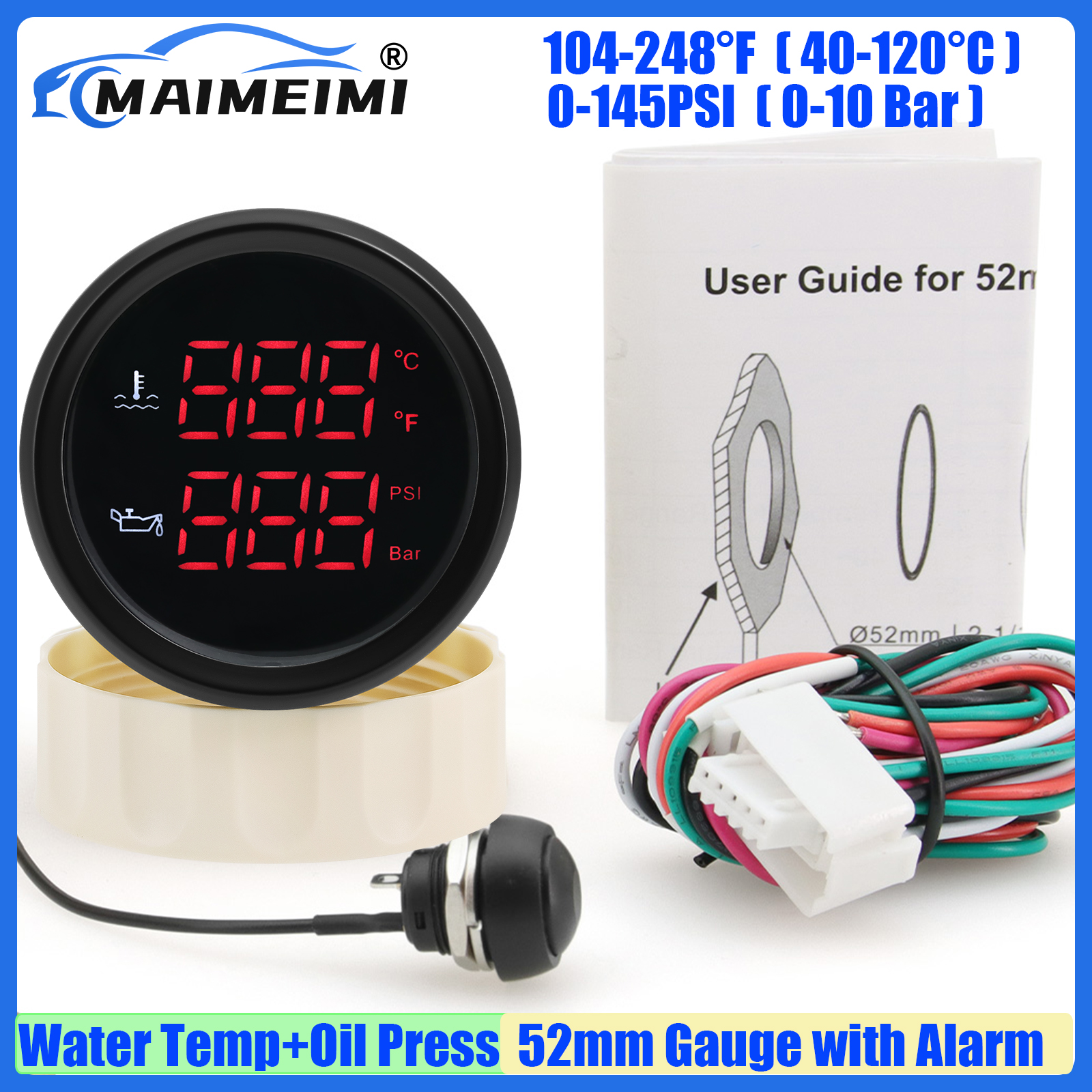 MAIMEIMI 赤緑 LED デジタルデュアルゲージアラーム付き 52 ミリメートル水温油圧計 40-120 ℃、104-248℉ 0-10Bar、0-145PSI
