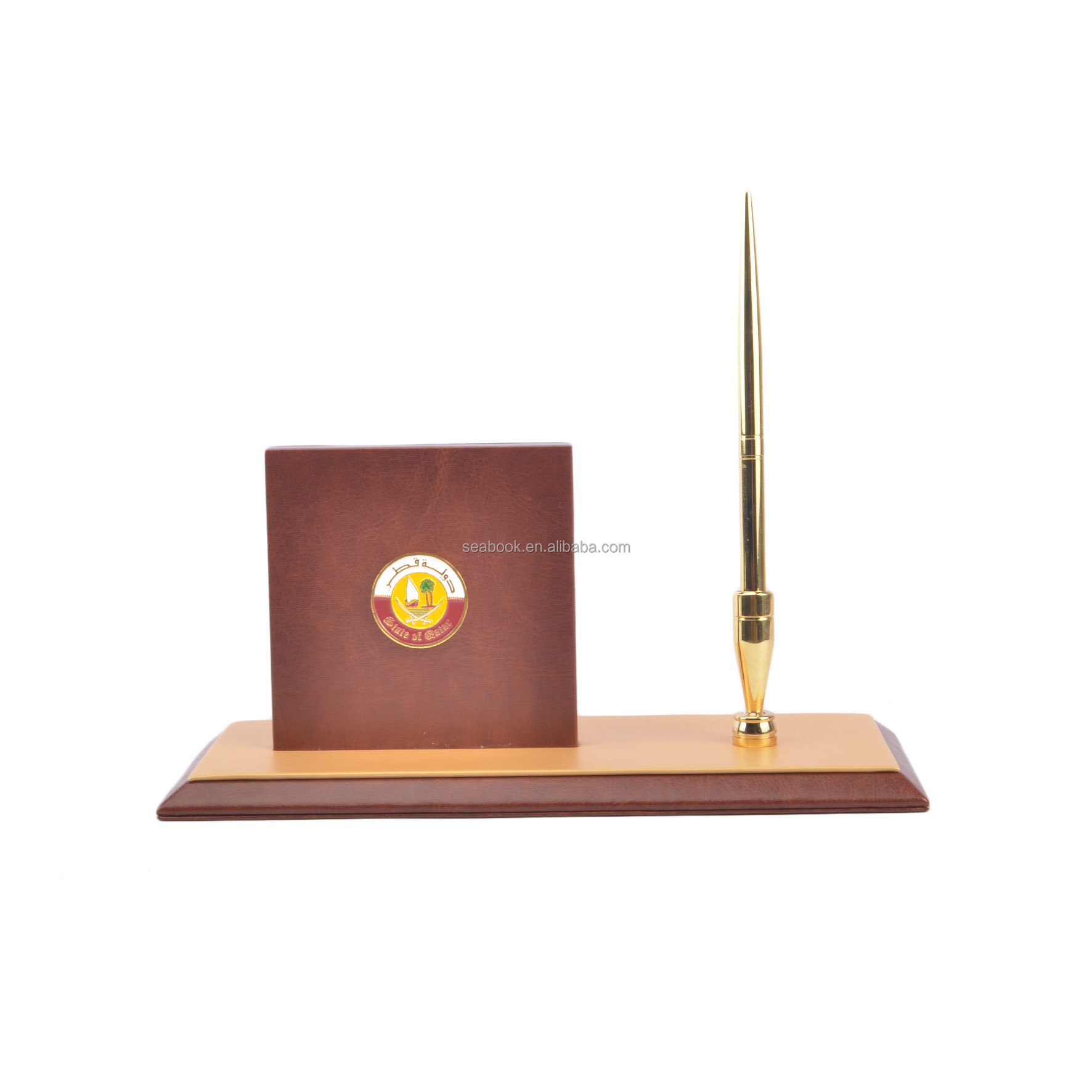 Qatar Government Executive Brown and Gold Leather 6 Piece Desk Stationery Organizer Set Luxury Office Desktop Accessory Set
